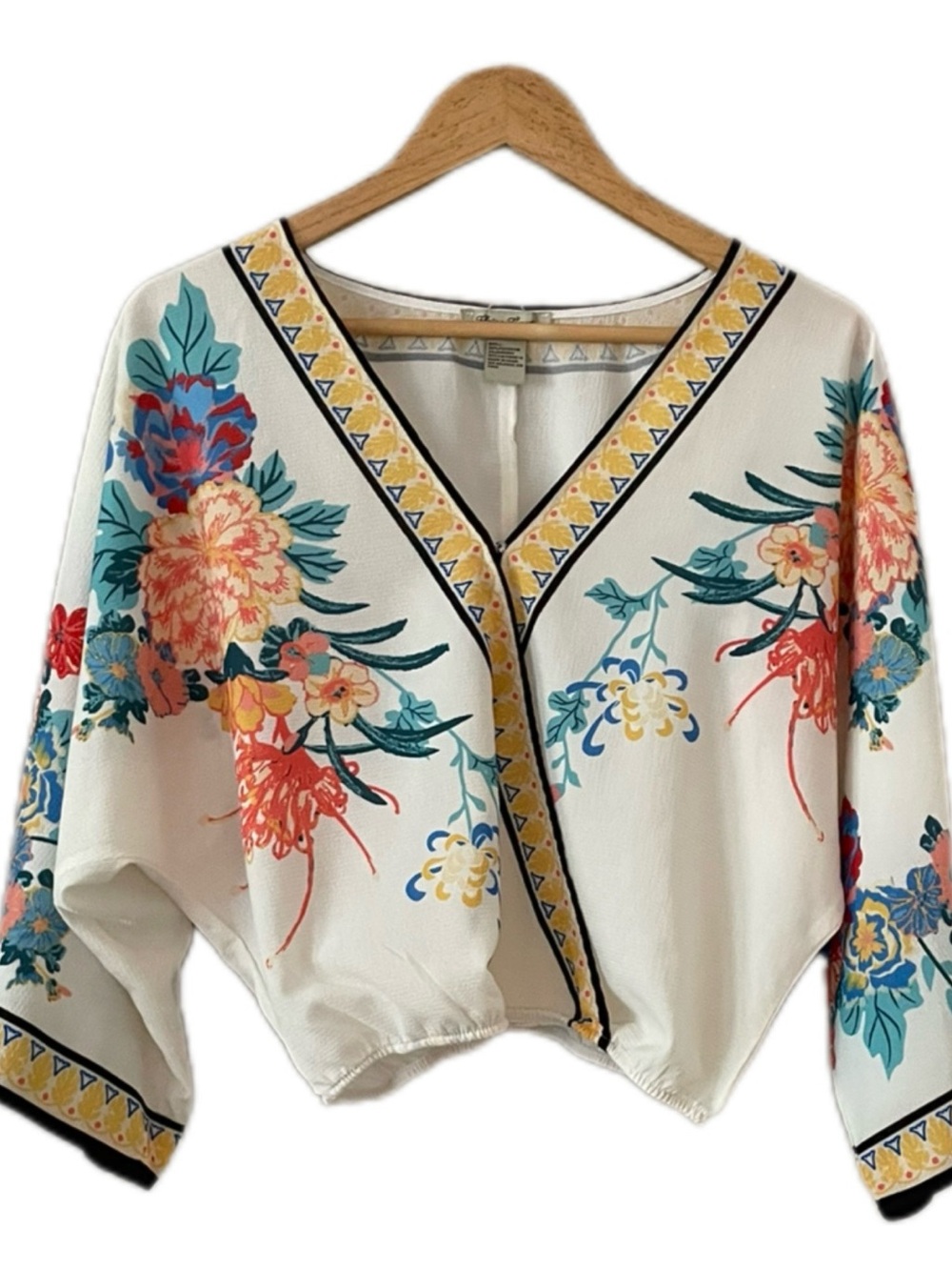 Flying Tomato Cream Floral V-Neck Crop Wrap Top Yellow Trim and Teal Accents S